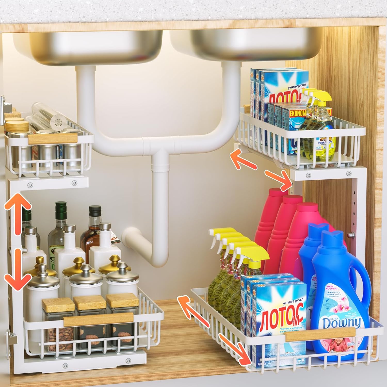 Under Sink Organizers and Storage 2 Pack, Pull Out Cabinet Organizer Adjustable Height Kitchen Sink Organizer Metal Sliding Drawer for Kitchen, Bathroom, Pantry Cabinet, Countertops