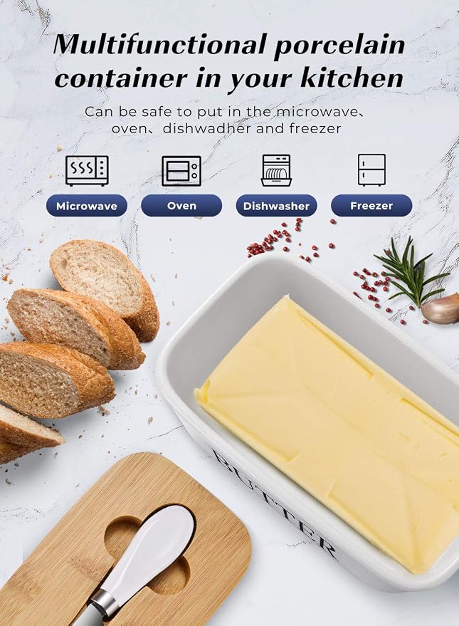 Butter Dish with Lid, Large Butter Container for Countertop, Ceramic Butter Holder for Counter, Butter Tray Butter Keeper with Knife and Sponge Scrubber, Perfect for 2 Sticks of Butter, Blue