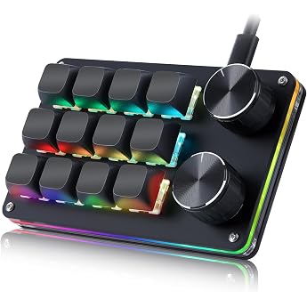 Koolertron 12 Keys Programmable Keyboard Portable Mini with 2 Knobs | Fully adjustable macro keyboard with RGB lighting, 6 le