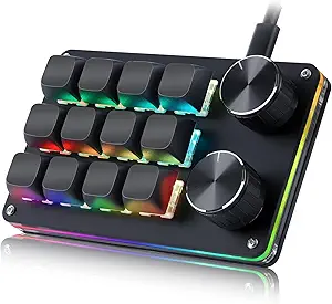 Koolertron Macro Programmable Keypad, One-Handed Mechanical Keyboard with RGB Blue Switches, Hot Swappable, 12 Keys and 2 Knobs, Backlit, Black