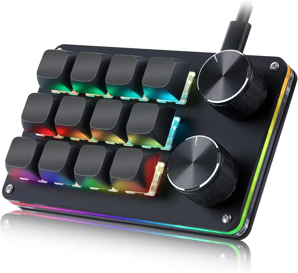 Koolertron Teclado macro programável, teclado mecânico programável com uma mão, interruptor azul RGB hot swappable, teclado retroiluminado de 12 teclas, 2 botões para trabalho e jogos, preto
