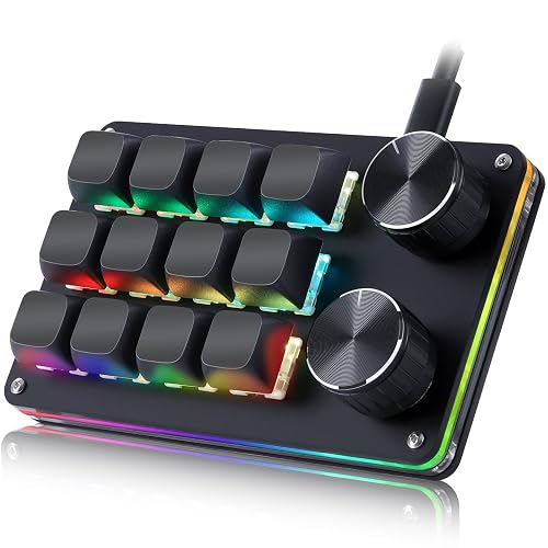 Koolertron Macro Programmable Keypad, One Handed Programmable Mechanical Keyboard, RGB Blue Switch Hot Swappable, 12 Keys 2 Knob Backlit Keypad for Working and Gaming, Black - 12-key