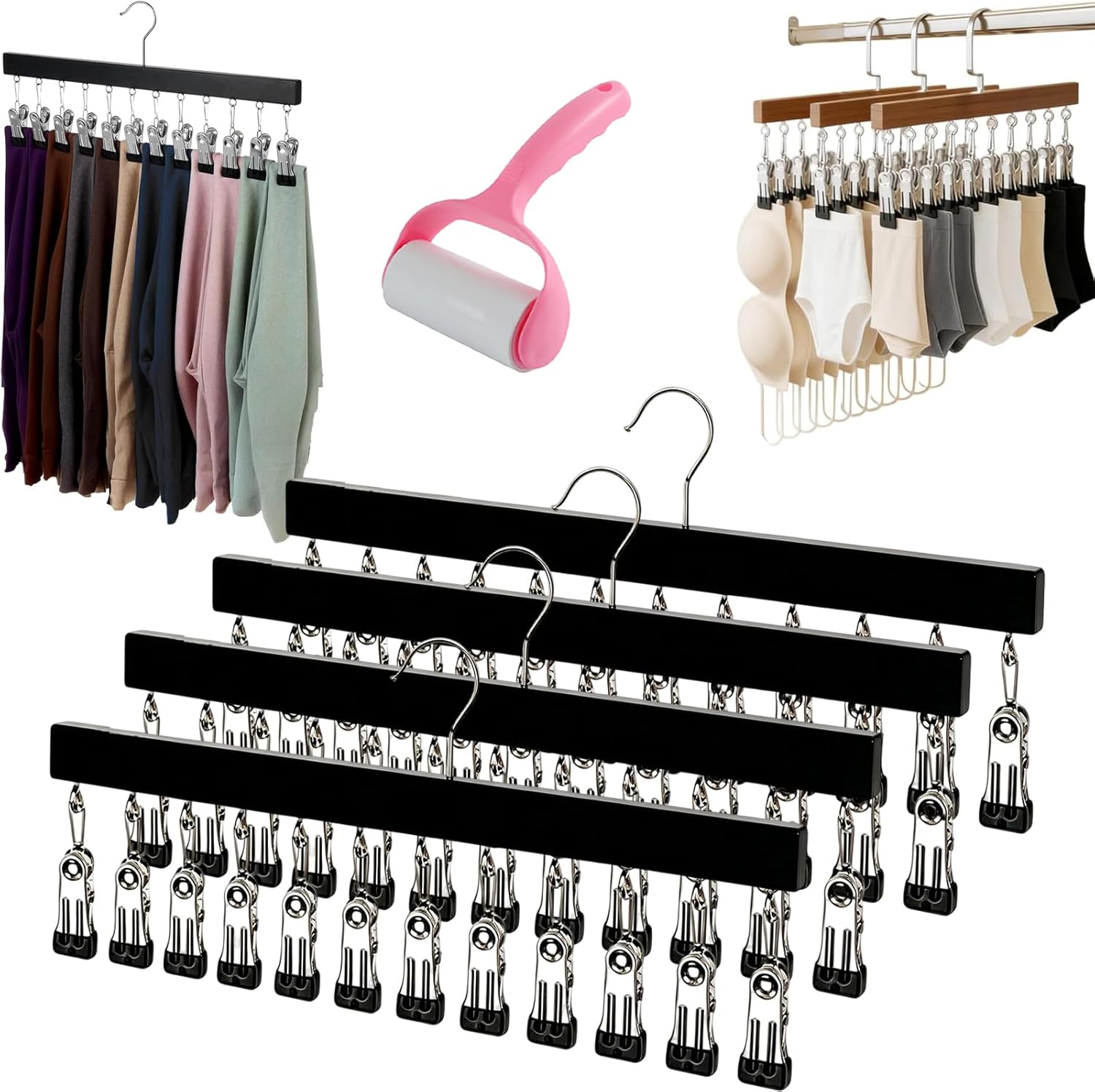 Rotating Closet Organizer, Premium Wooden Rotating Hanger with 10/12 Clips, Space Saving Multi Clip Hanger for Pants Leggings Jeans Socks Hats, 360° Swivel Organizer for Closet (4, 12 Clips Black)