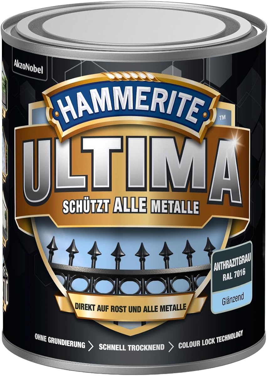 Hammerite Ultima Metal Protection Paint Rust 5379734, 750ml Shiny Anthracite Grey RAL 7016