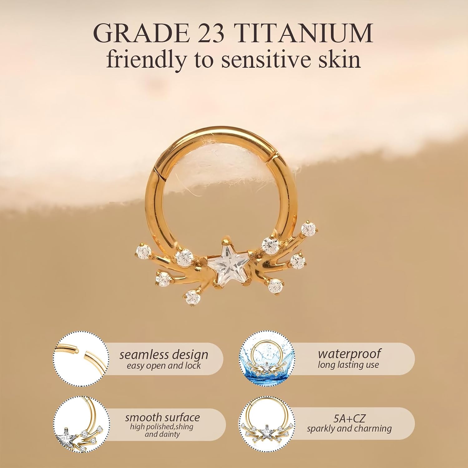PEAKLINK Titanium Septum Ring 16G Septum Nose Hoop Ring Daith Piercing Jewelry Helix Conch Cartilage Hoop Earring for Women with CZ