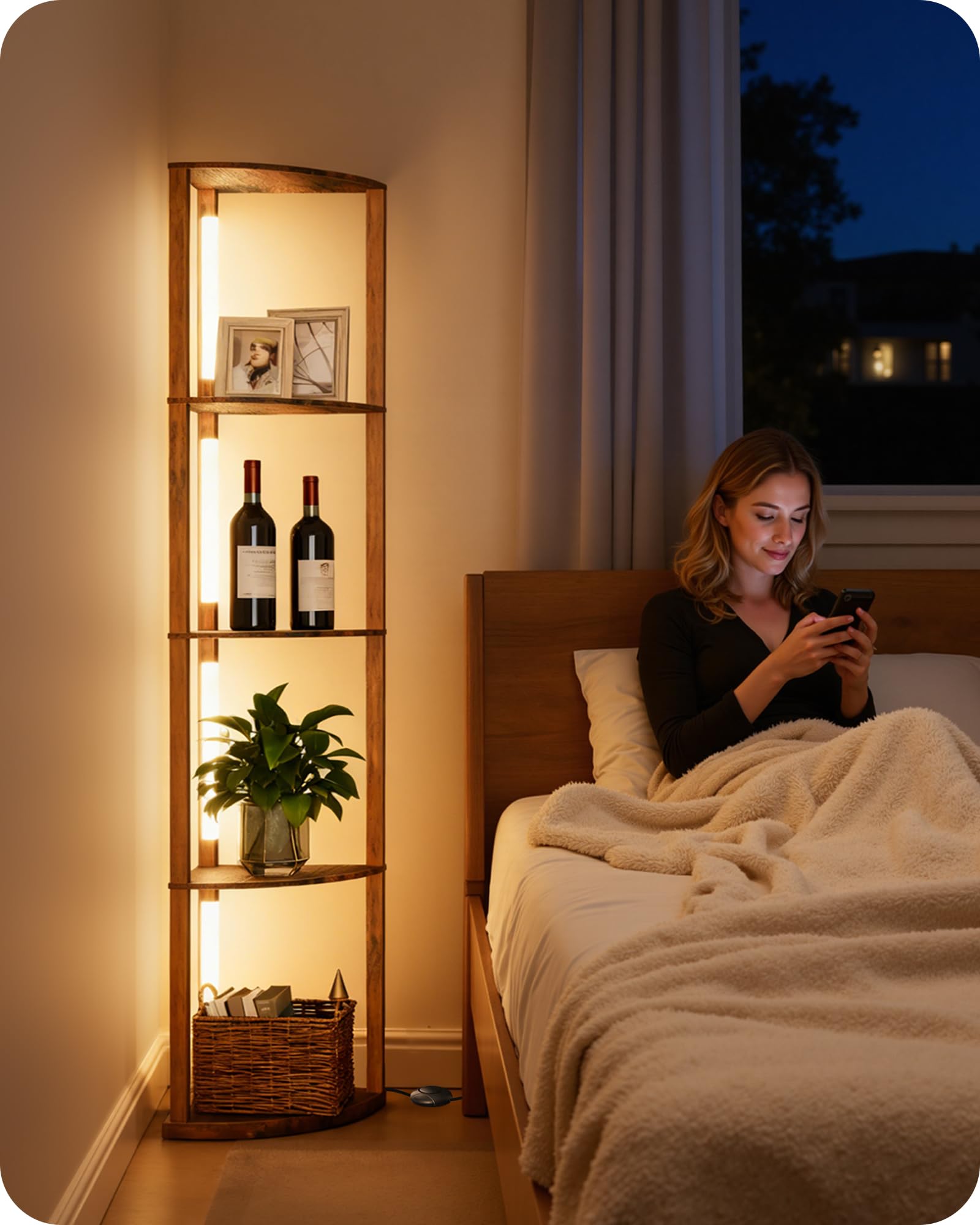 Stehlampe Wohnzimmer mit Regal, Dimmbare Stehleuchte aus Holz, Regalstehleuchte 20W-LED, Retro, 360°drehbarer Lampenständer, für Schlafzimmer, Arbeitszimmer, Büro ZF54LDD05N1