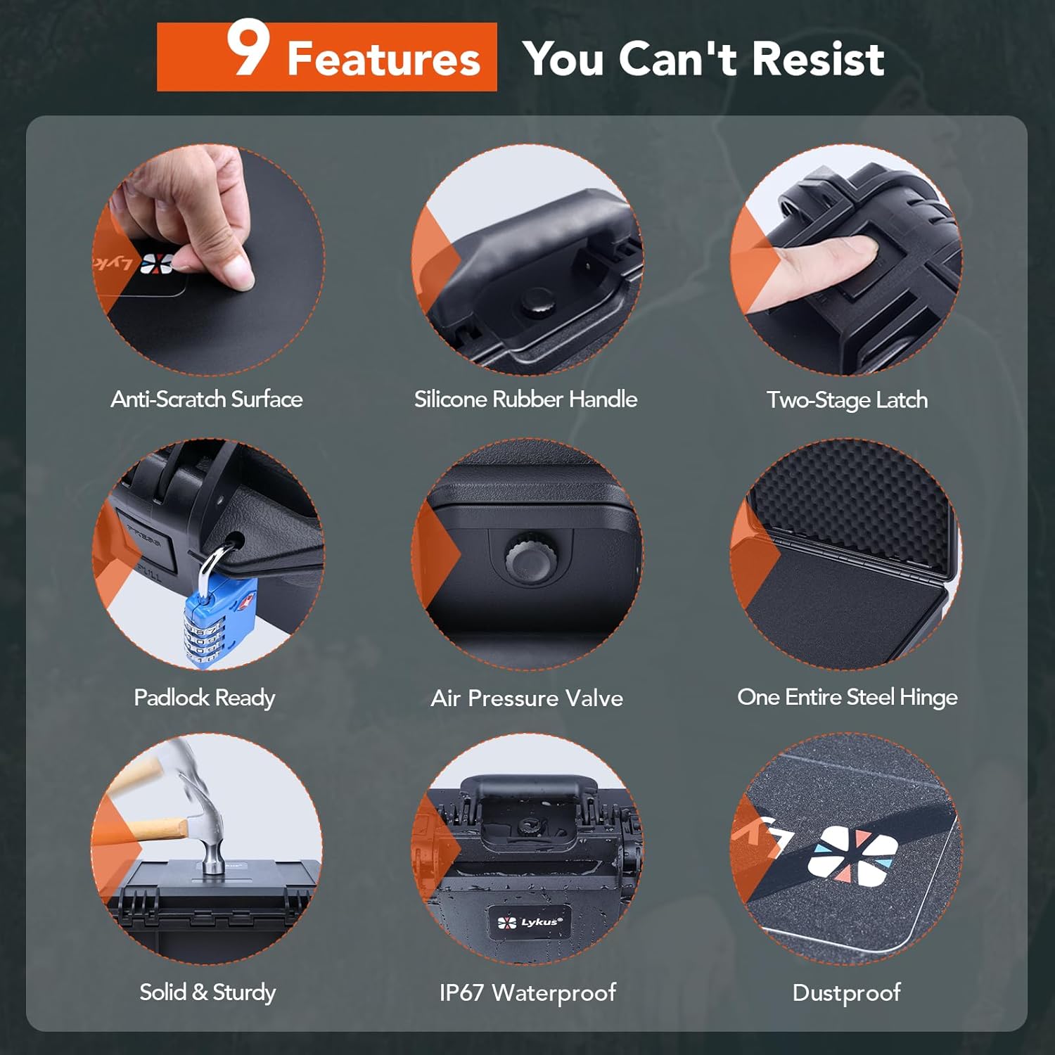 Lykus HC-3820 Waterproof Hard Case with Customizable Foam Insert, Interior Size 14.96x11.02x6.5 in, Suitable for camera, lens, drone, mic, flashlight, projector, electronics, tools, and more - Image 6