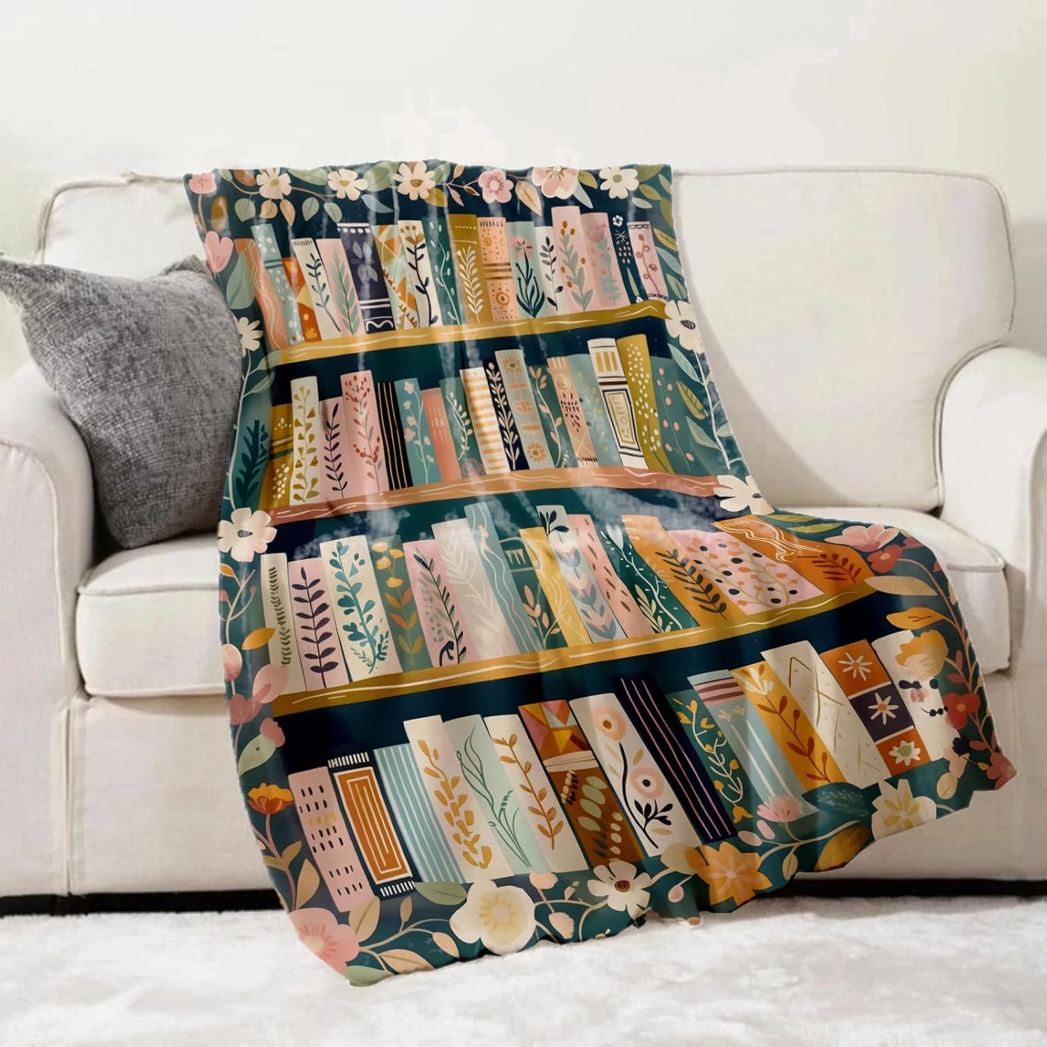 Floral Bookshelf Book Lover Throw Blanket Gifts for Kids Women, Reading Library Blankets for Home, Couch, Bedroom, Living Room Decor, Fuzzy Warm Flannel Plush 60"x80"