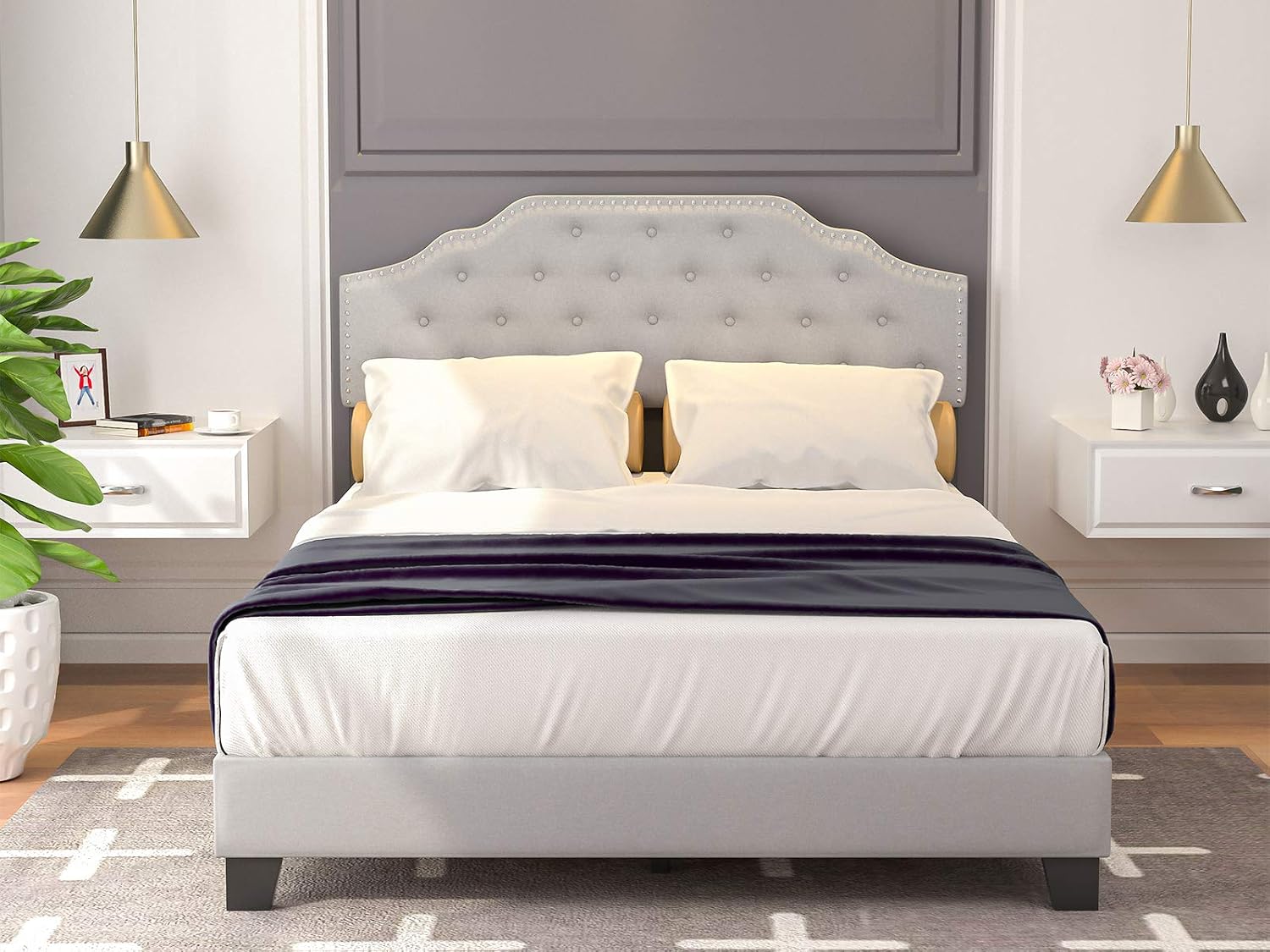 mecor Upholstered Linen Queen Platform Bed Frame with Curved Button Tufted Headboard, Height Adjustable, Nailhead Trim Design - Wood Slats Support - No Box Spring Needed - Light Grey, Queen