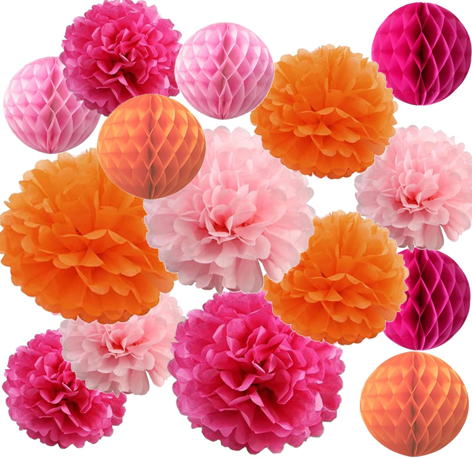 15PCS Hot Pink Orange Party Decorations Tissue Paper Flowers Pom Poms Honeycomb for Girl Groovy Birthday Baby Shower Wedding Bachelorette Summer Flamingo Party Nursery Wall Hanging Décor (Pack of 2)