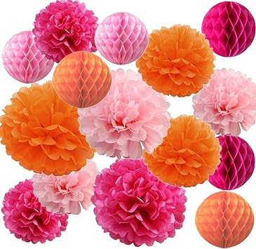 15PCS Hot Pink Orange Party Decorations Tissue Paper Flowers Pom Poms Honeycomb for Girl Groovy Birthday Baby Shower Wedding Bachelorette Summer Flamingo Party Nursery Wall Hanging Decor