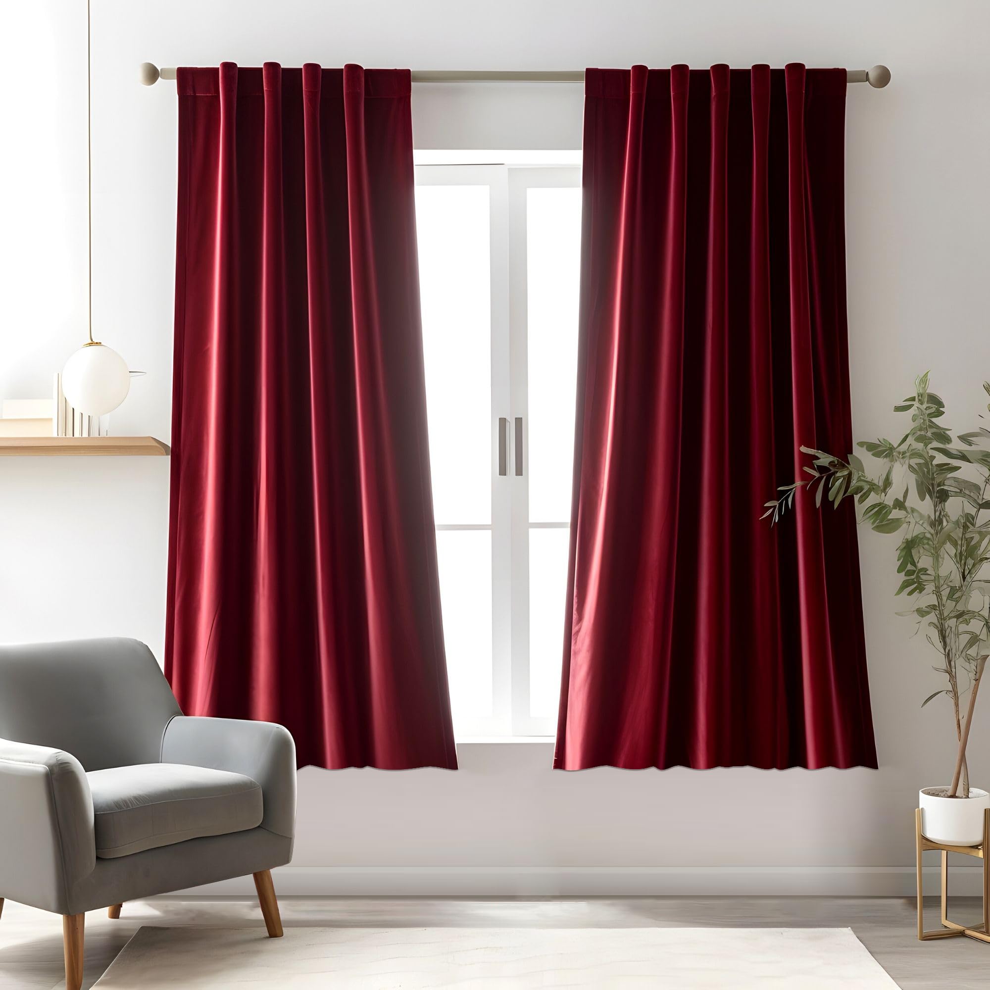 Burgundy Red Velvet Curtains 63 inches Long Blackout Curtains for Bedroom — image 1