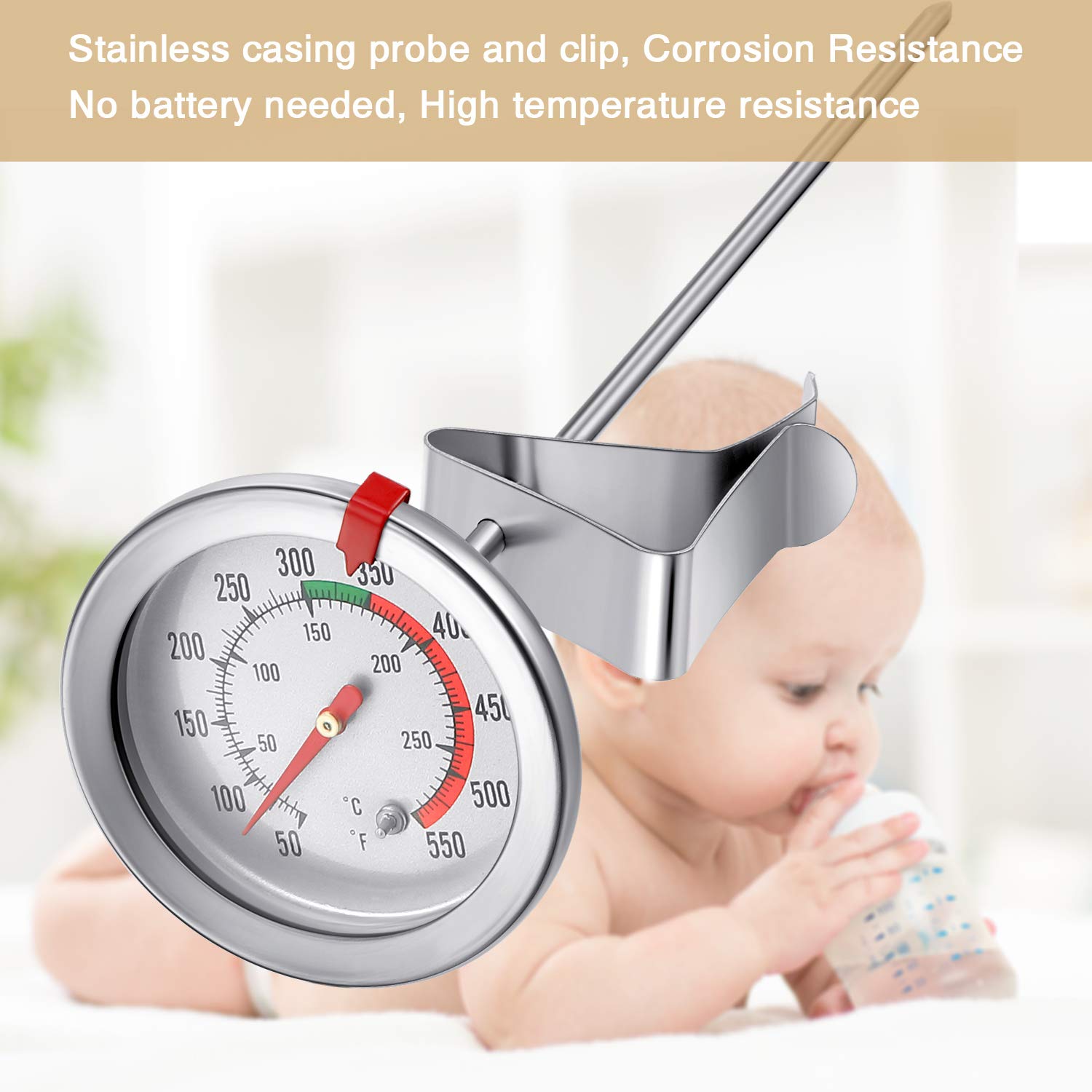 2 Pieces Stainless Steel Thermometer Immediate Read 2 Inch Dial Thermometer 7.8 or 11.8 Inch Long Stem Fry Thermometer with Metal Retaining Clip and 2 Pieces Plastic Sleeves (11.8 Inch)