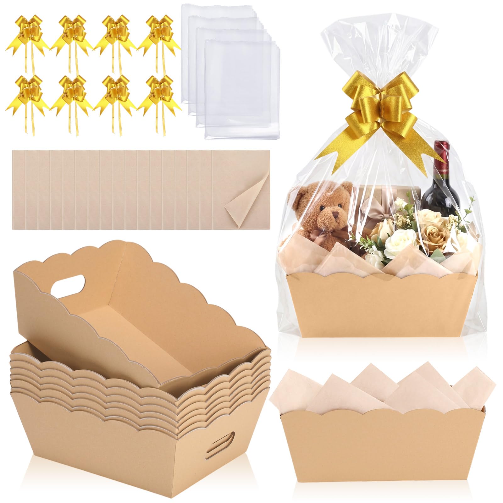 Fuyoooo 8 Pack Kraft Gift Baskets Empty, 10" X 8" Scalloped with Handle