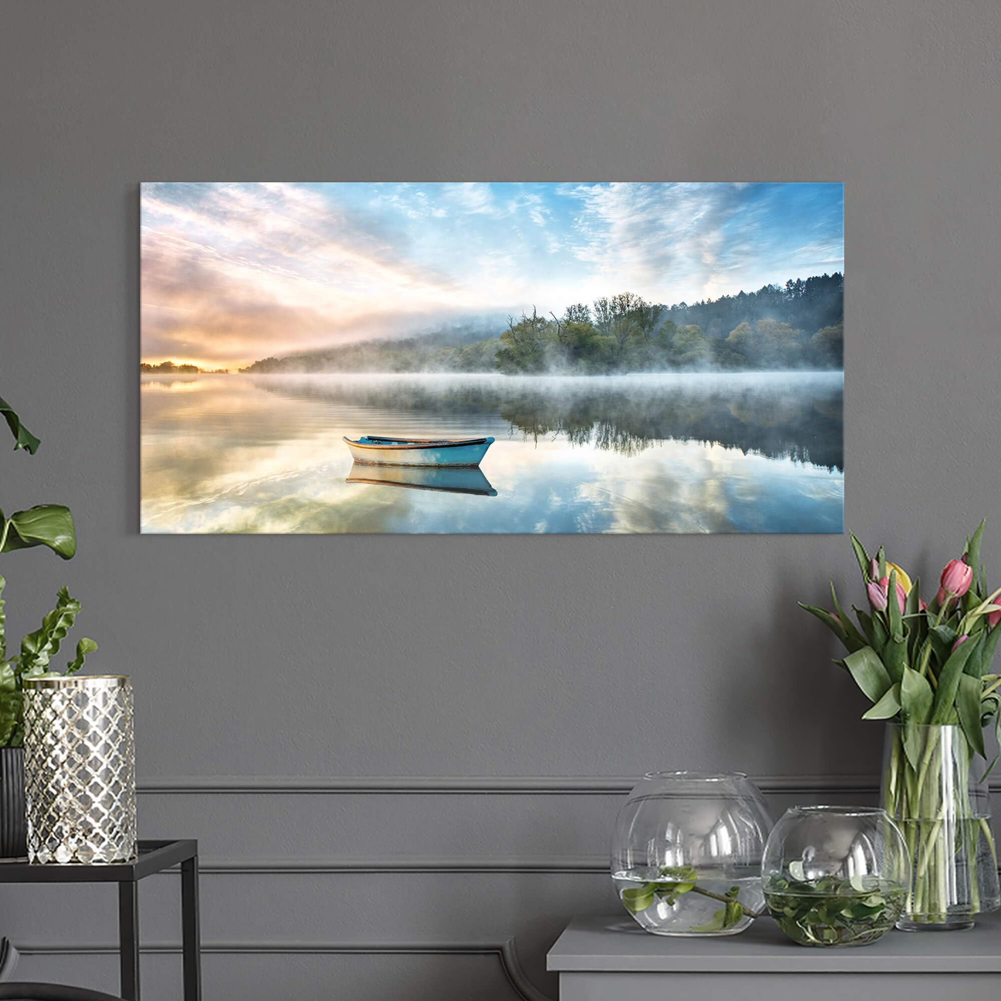 Lake Boat Canvas Wall Art: Modern Nature Landscape Picture Photography ...