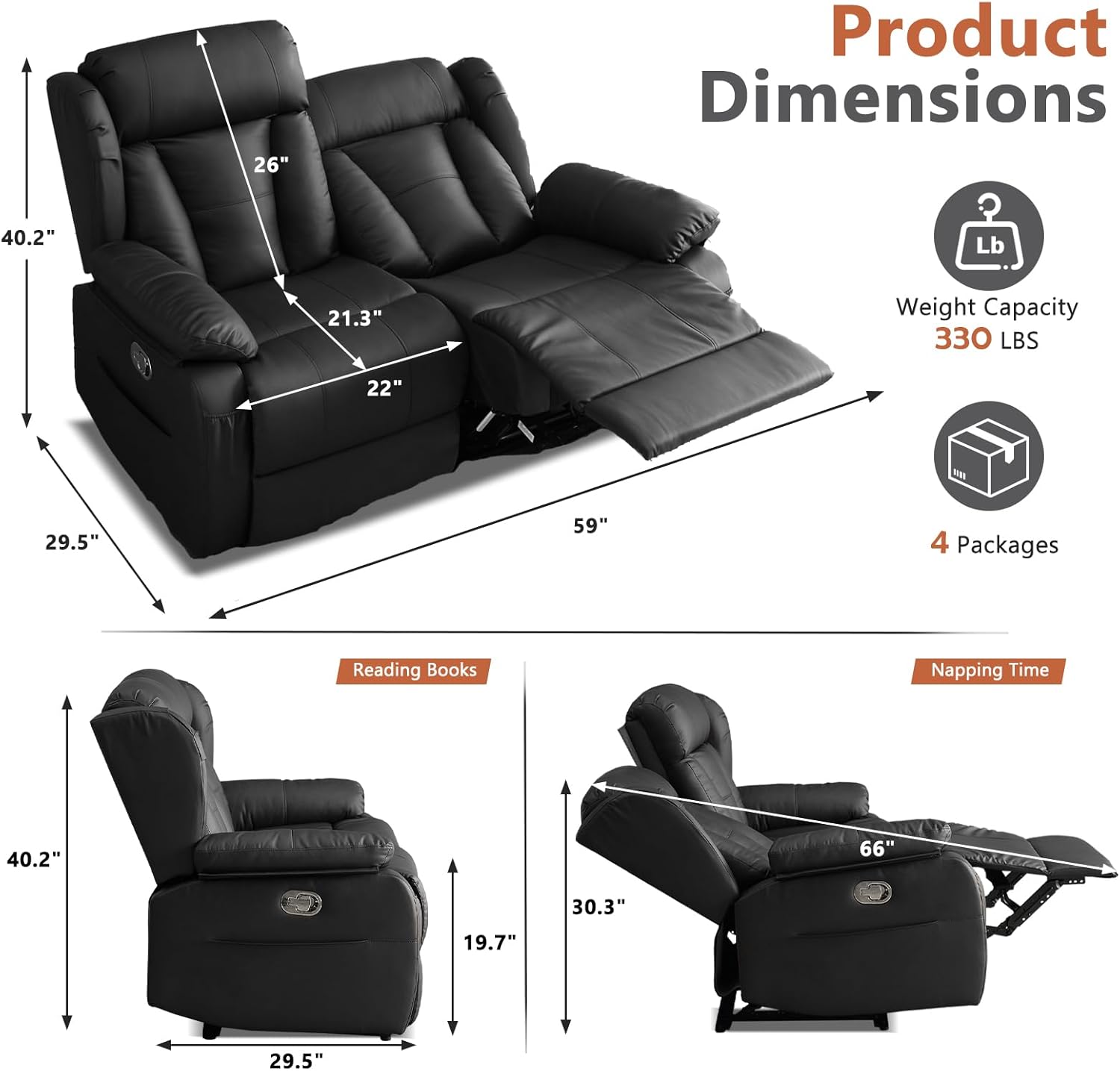 AHMED Loveseat Recliner Sofa, Manual Reclining Loveseat RV Couch with Cup Holders/Side Pocket/Removable Armrest for Living Room, Black