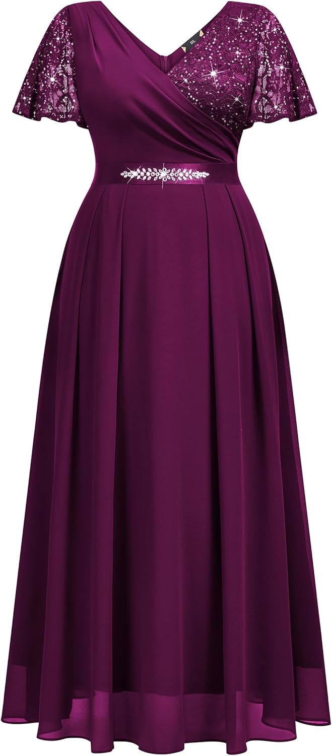 MISSMAY Women's Plus Size Wrap V Neck Sequins Lace Contrast Chiffon Formal Maxi Dress with Rhinestone Ribbon Waist - Image 5