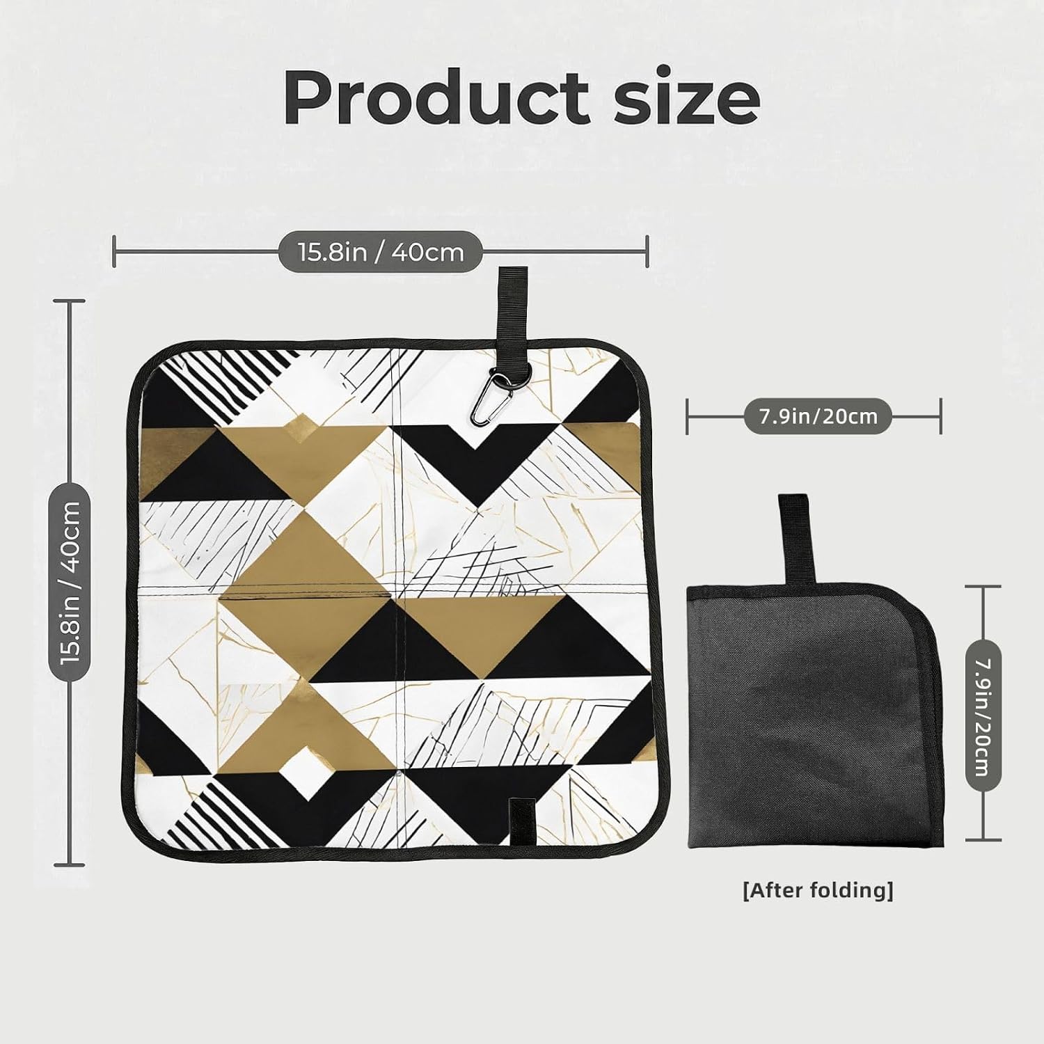 (Fashion Modern Black White Gold Triangles) Sitting Pad Foldable Seat Cushion Lightweight Camping Seat Mat with Hook for Outdoor Hiking Picnic Camping