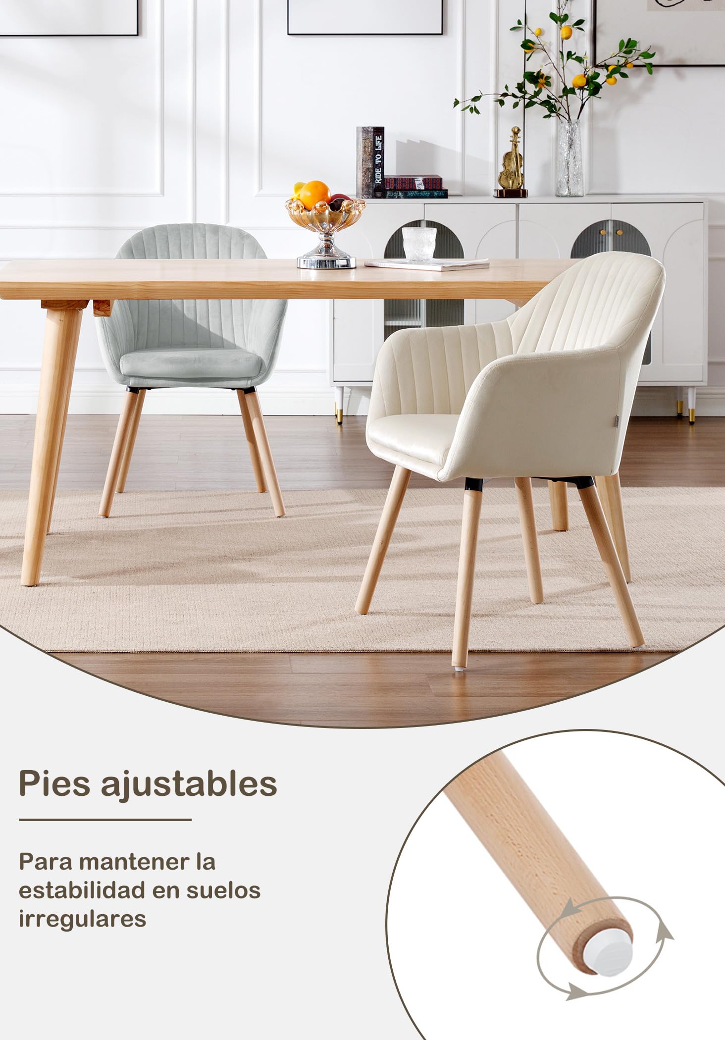WOLTU Juego de 2 Sillas de Comedor y Cocina con Respaldo Mediano,cojín Doble de Terciopelo y Patas de Estructura de Madera,adecuadas para salón y Dormitorio,Blanco Crema