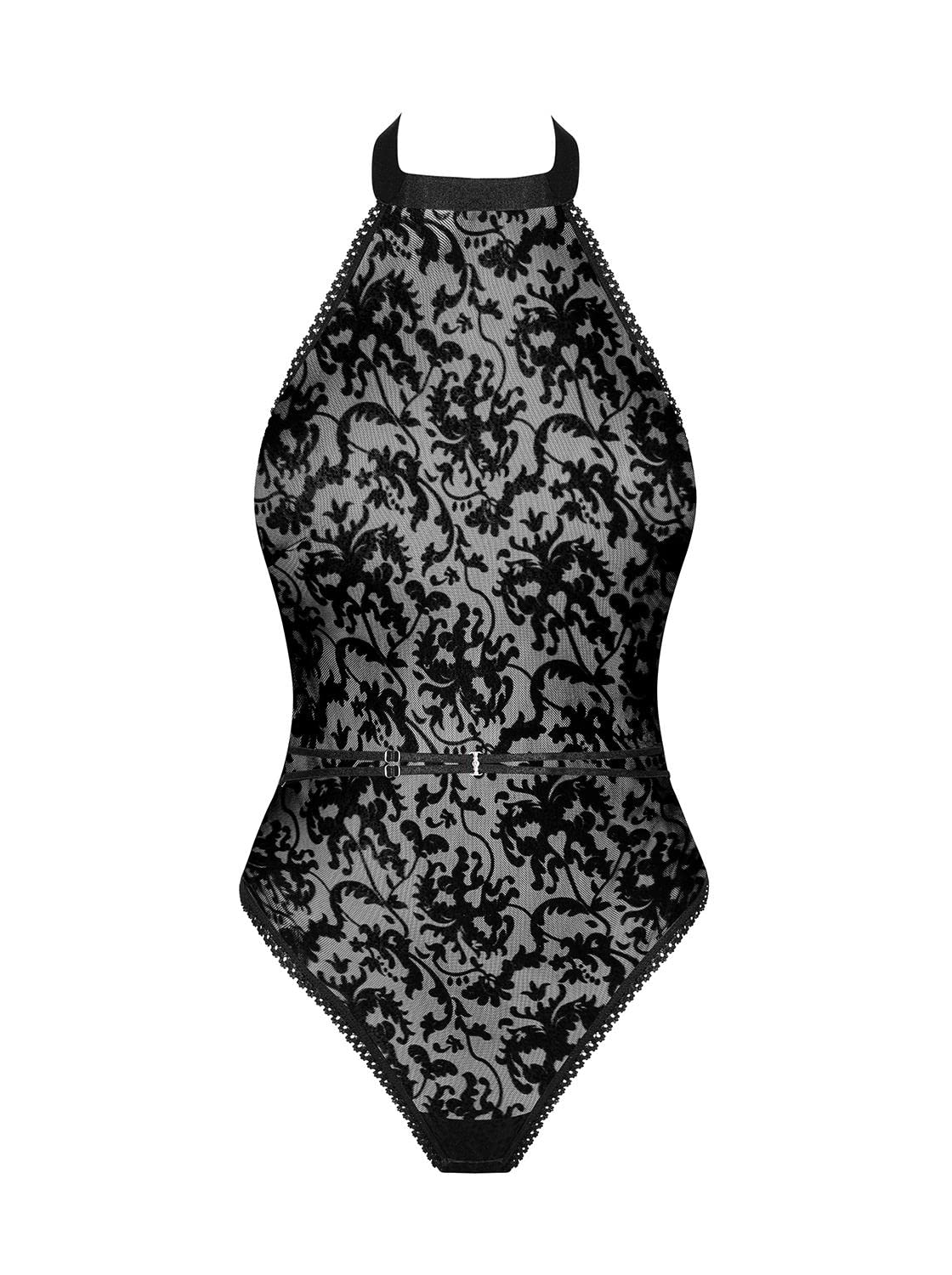 Obsessive. Frauen Dessous Teddy Body in schwarz mit Neckholder und Spitze transparent erotisch aus Stretch elastisch