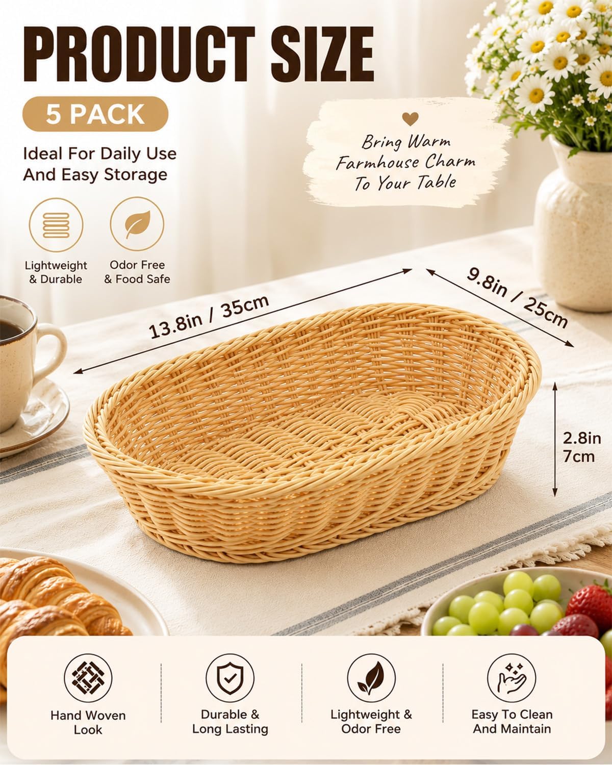 Poly Wicker Bread Baskets, 5 Pack Imitation Rattan Woven Bread Baskets Plastic Oval Basket Plastic Wicker Fruit Basket for Food Serving, Vegetables, Kitchen, Restaurant, Outdoor (Beige)
