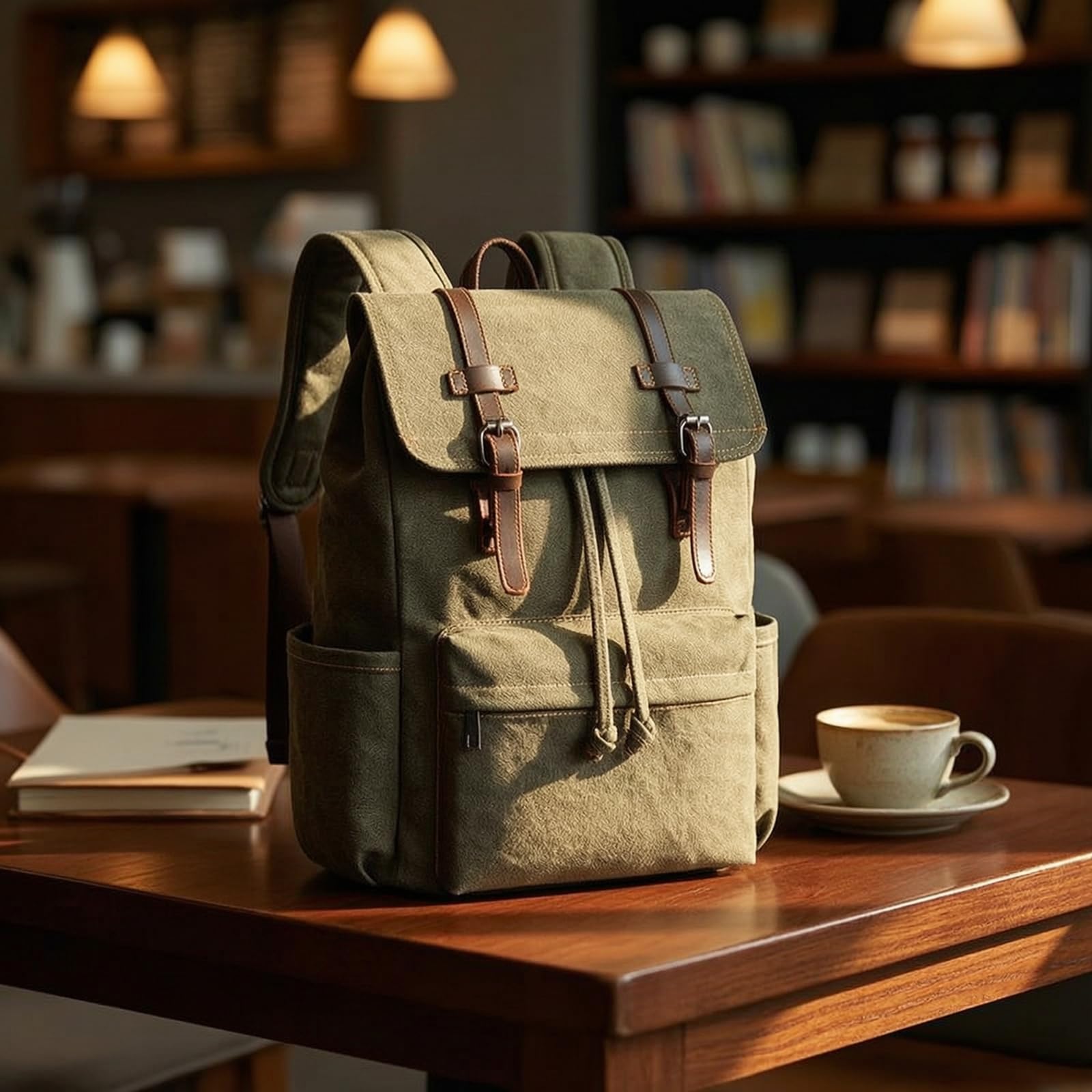 Zaino in Tela Multitasche Zaino con Fibbie Robusto per Studenti, Viaggiatori, Università, Marrone, Marrone Caffè