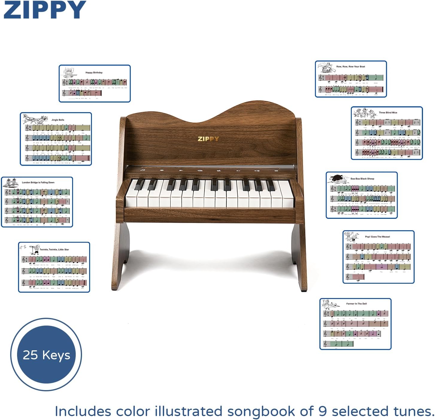 ZIPPY Kids Piano Keyboard, 25 Keys Digital Piano for Kids, Touch Sensitive Control Panel, Volume Adjustable, Mini Music Educational Instrument Toy, Wood Toy for Toddlers Girls Boys (Walnut)