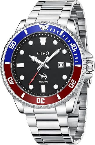CIVO Silver Analog Watches for Men: Luminous Stainless Steel Watch with Date - W