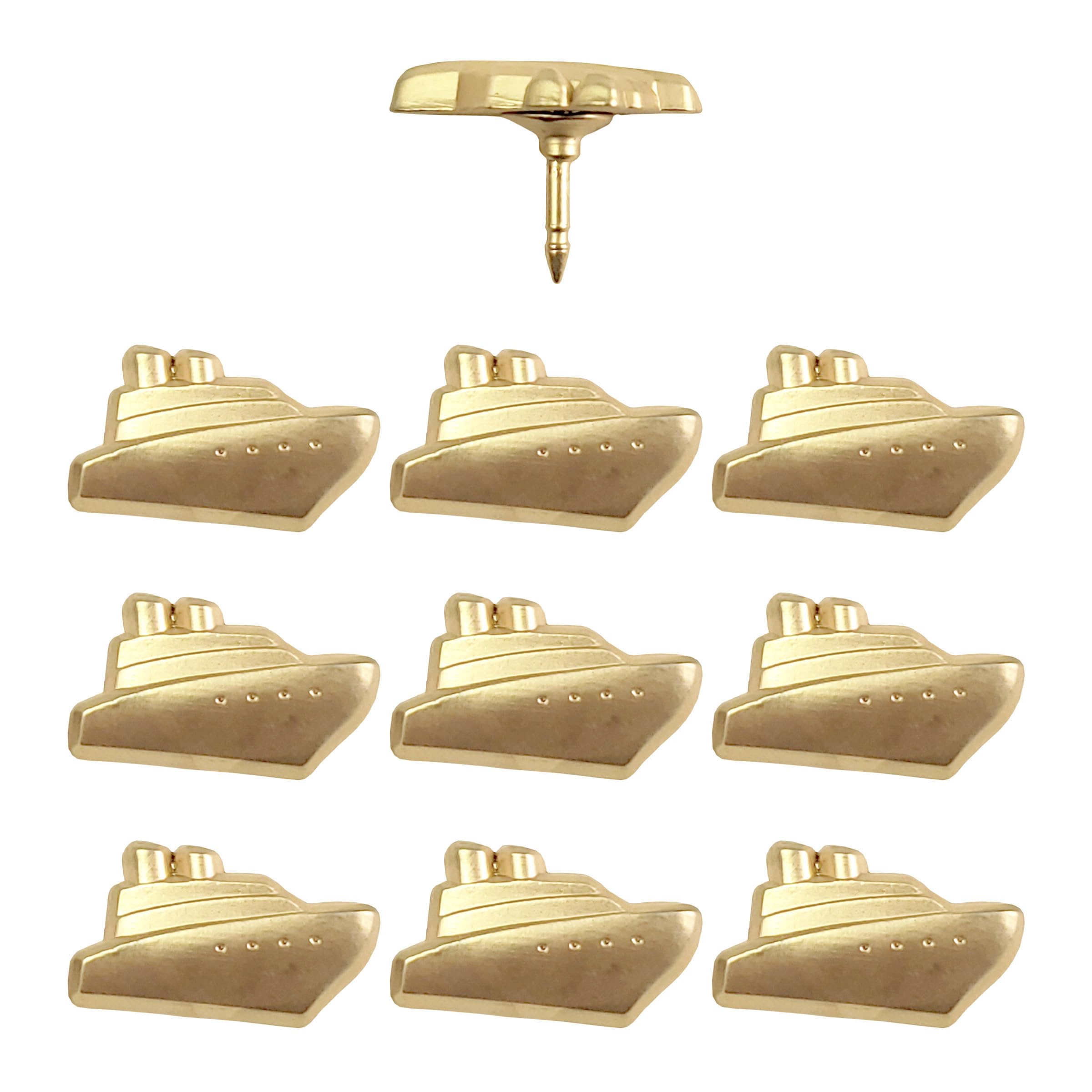 Cruise Ship Push Pins - Gold Metal Cruise Ship Pins - for Cork Board, Maps, or Lapel Pin Use - Designed in USA - Set of 10