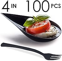 Vista 2 de DLux 100 mini platos de aperitivo de 4 pulgadas con tenedores, cucharas de plástico negro reutilizables, platos para servir postres y aperitivos