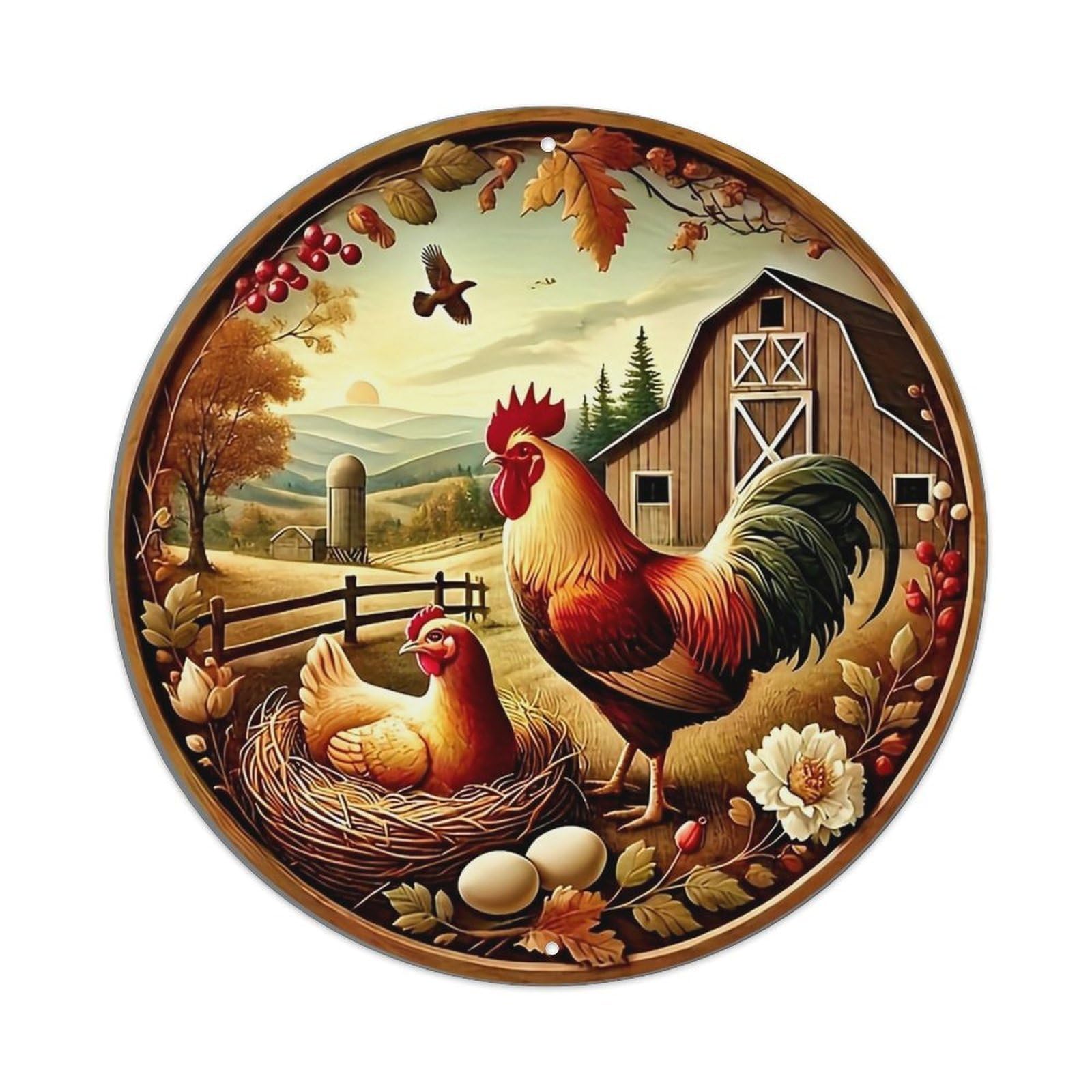 Rooster Hen Farm Autumn Scene Tin Sign Metal Poster Vintage Metal Signs for Home Man Cave Bar Cafe Kitchen laundry room Wall Decorations 8x8 inches