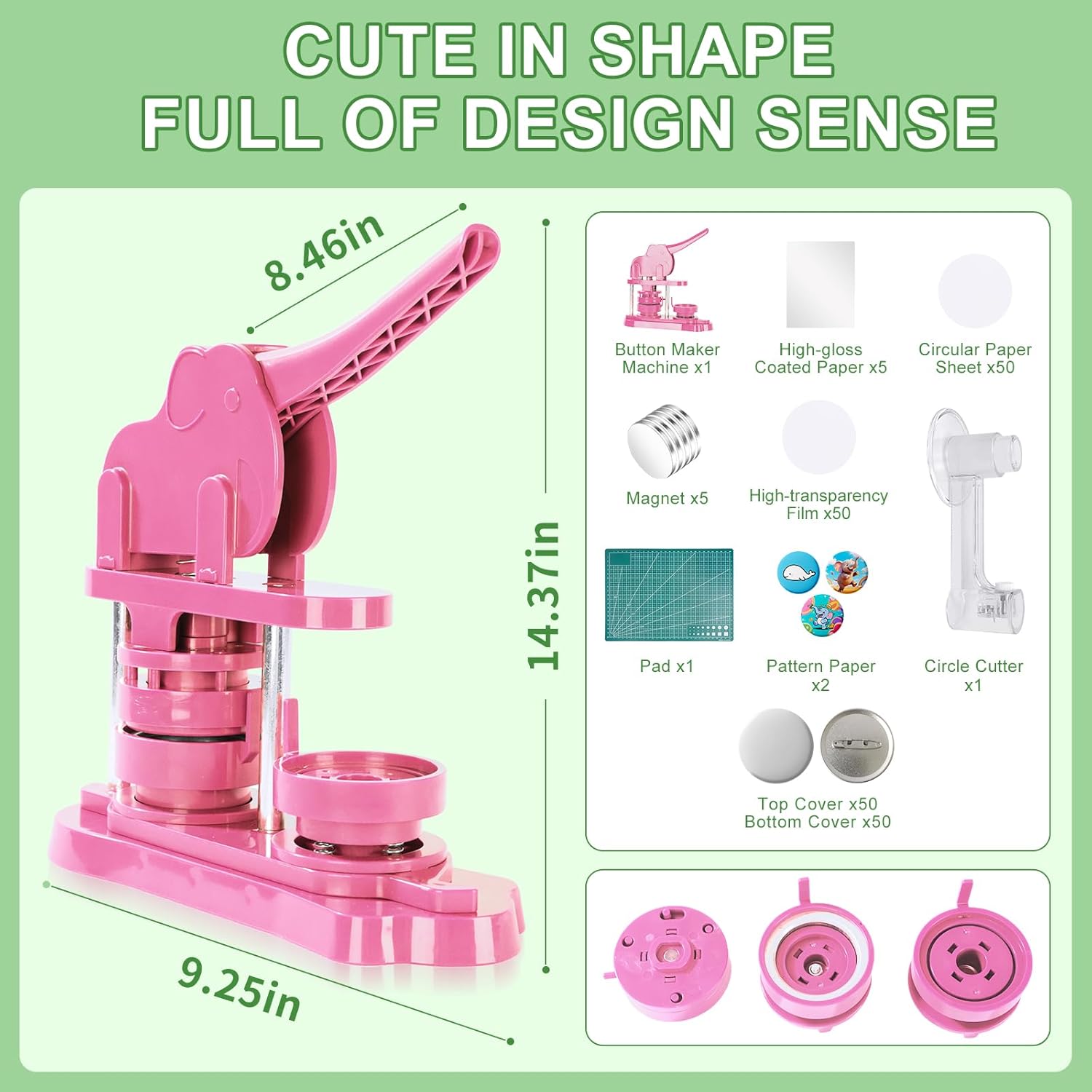 Button Maker Machine 58mm (2.25 in) Installation-Free, DIY Button Pin Maker Machine, Button Badge Press Machine with Free 50pcs Button Maker-Pink