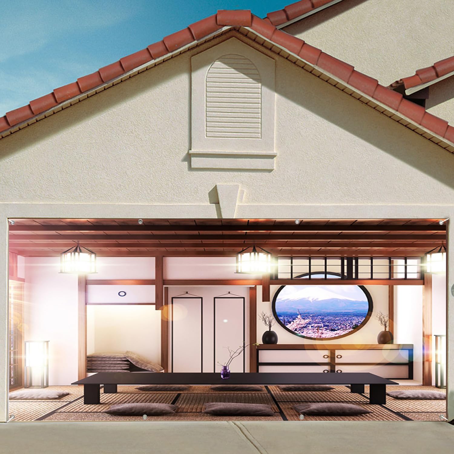 7x8ft Asian Interior Garage Door Decor Japanese Traditional Residence Tea Room Home Furnishings Long Table Garage Door Background Traveller Prom Wall Party Decor Banner