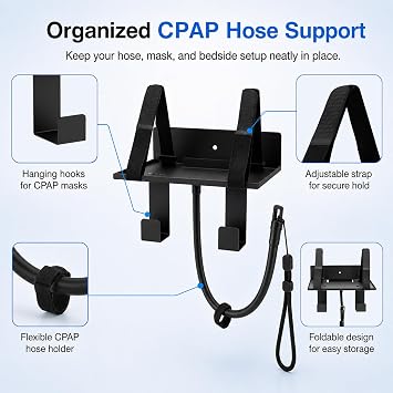 CPAP Wall Mount Shelf for ResMed AirSense 10, Bedside Hose Holder (Black)