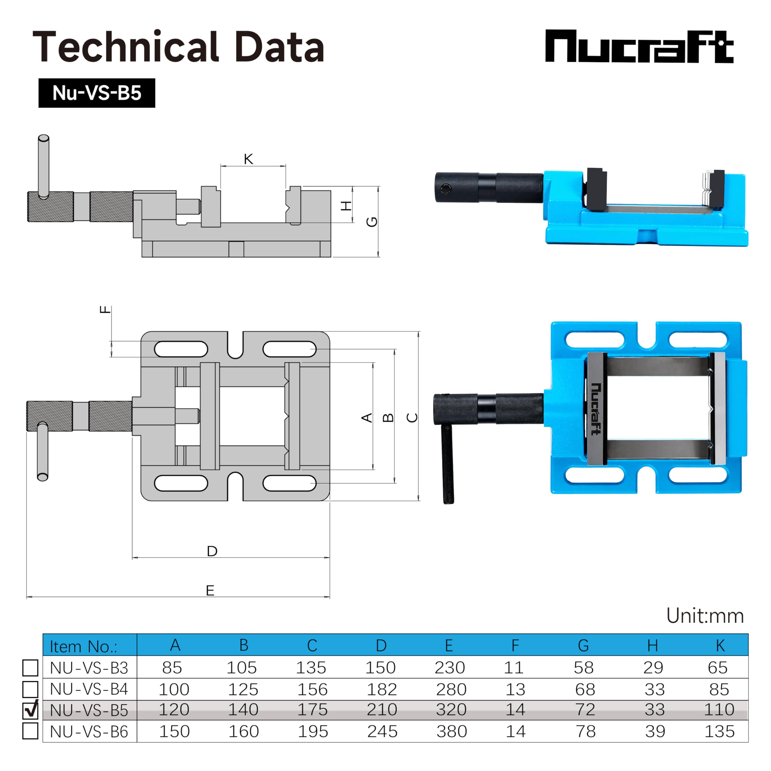 Nucraft Étau pour perceuse Process Cyan avec mâchoires de 120 mm de largeur, en Process Cyan, et fonction de réglage, ouverture maximale de 110 mm