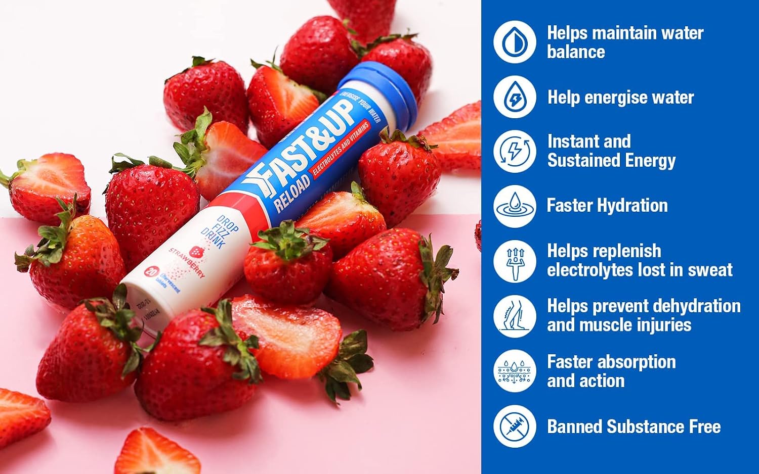 Fast&Up Reload - Energising Electrolyte Drink - Strawberry Flavour - 80 Effervescent Hydration Tablets - Added Vitamin C & B12 - Vegan - Image 5