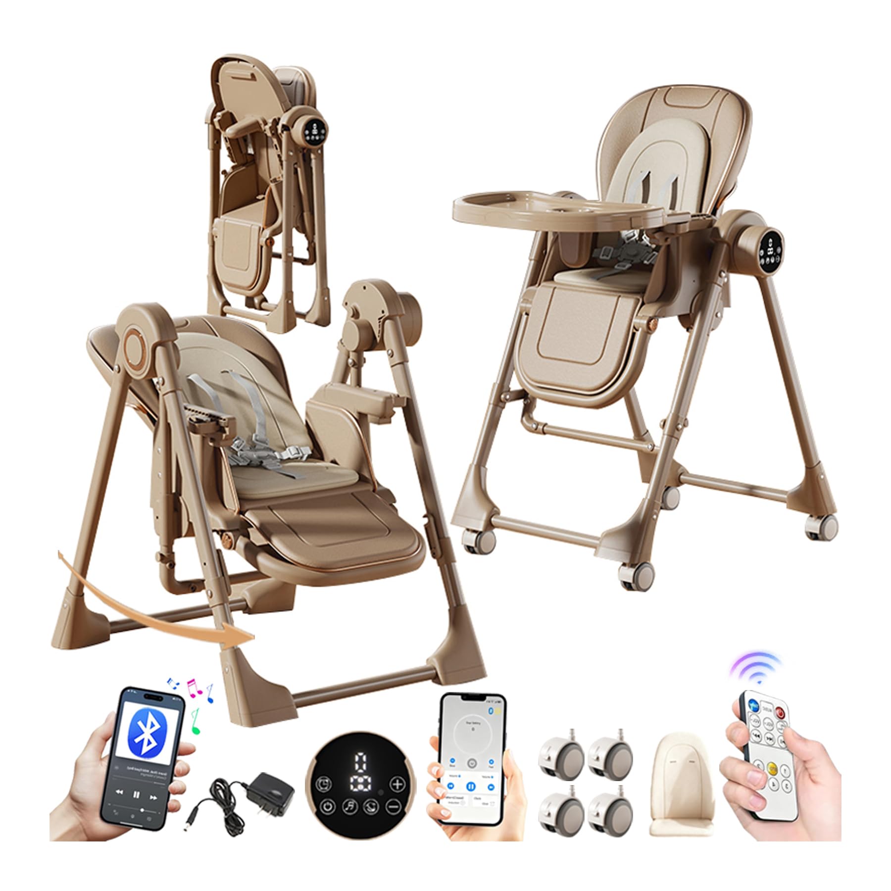 MoLi Elettrico Bluetooth Intelligente Pelle PU Seggiolone, Seggiolino Pappa Sedia con Funzione di Dondolo, Seggiolone Pappa Vassoio a Doppio Strato (E8121 Khaki)