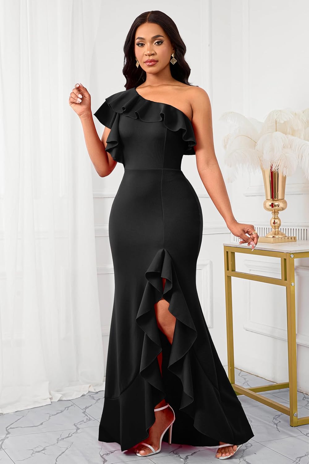 VERWIN One Shoulder Bodycon Ruffle Split Sleeveless Floor Length Prom Party Cocktail Maxi Dress - Image 3