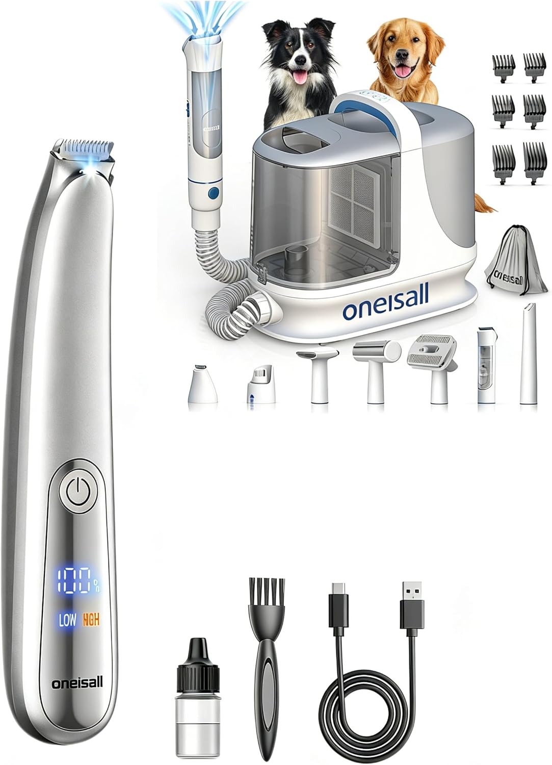 oneisall Dog Grooming Vacuum, 13000Pa Powerful 3L Dust Cup Pet Vacuum and 2-Speed Dog Paw Trimmer