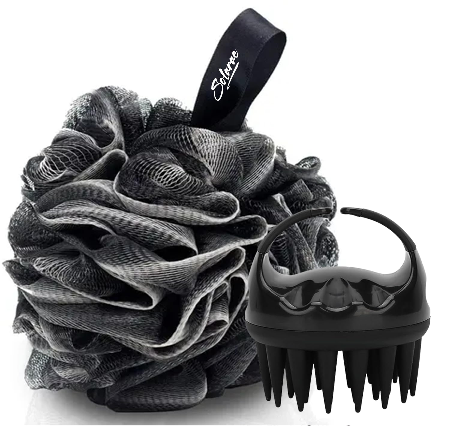 Solarae Black Hair Scalp Massager, Shampoo Brush Soft Silicone Bristles and Bath Loofah Sponge Scrubber Exfoliator, Unisex Body & Scalp Washing Scrubber for all Hair Types