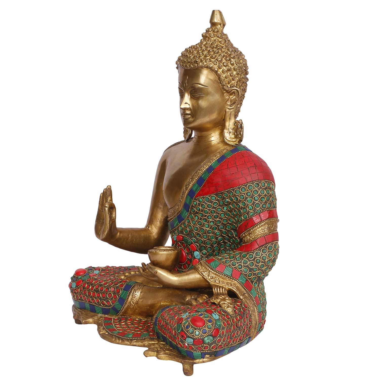 ARTVARKO Estatua de Buda grande de 16 pulgadas hecha a mano sentado, bendición, ídolo de budismo, latón, piedra turquesa.