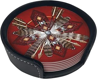Native American Red Tribal Feather Round PU Leather Coasters Set 6-Pack with Premium Storage Case