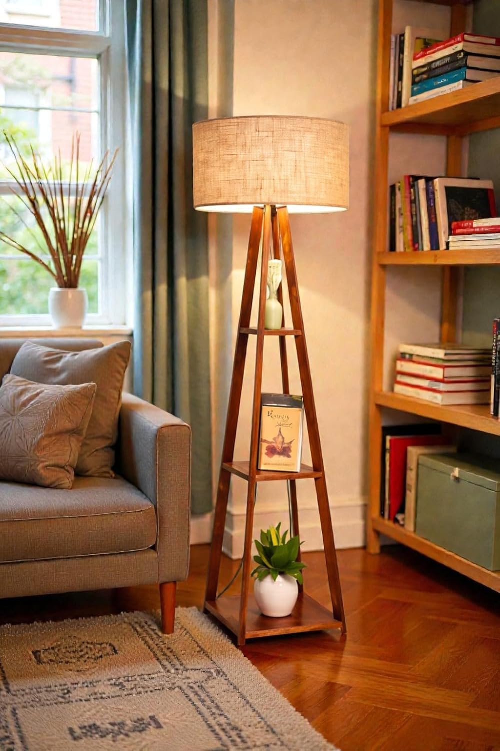 Wooden Tripod Floor Lamp with Shelves | Beige Fabric Shade Standing Lamp | Decorative Modern Lighting
