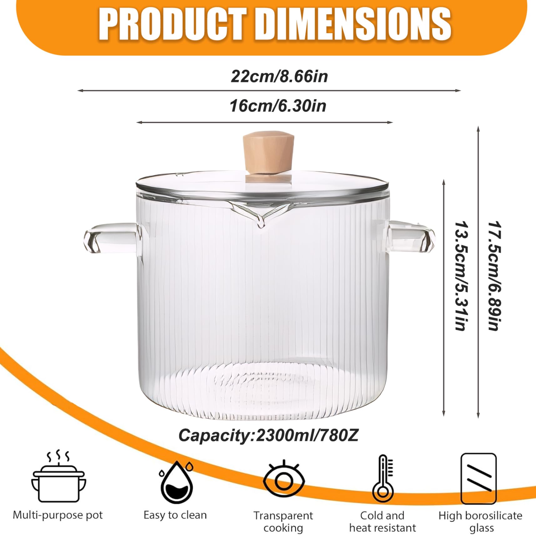 Pentola in vetro con coperchio Pentola in vetro borosilicato resistente al calore da 2, 3 l/78 oz con manici Pentole trasparenti Cuocere a fuoco lento per zuppe latte Alimenti per bambini, a