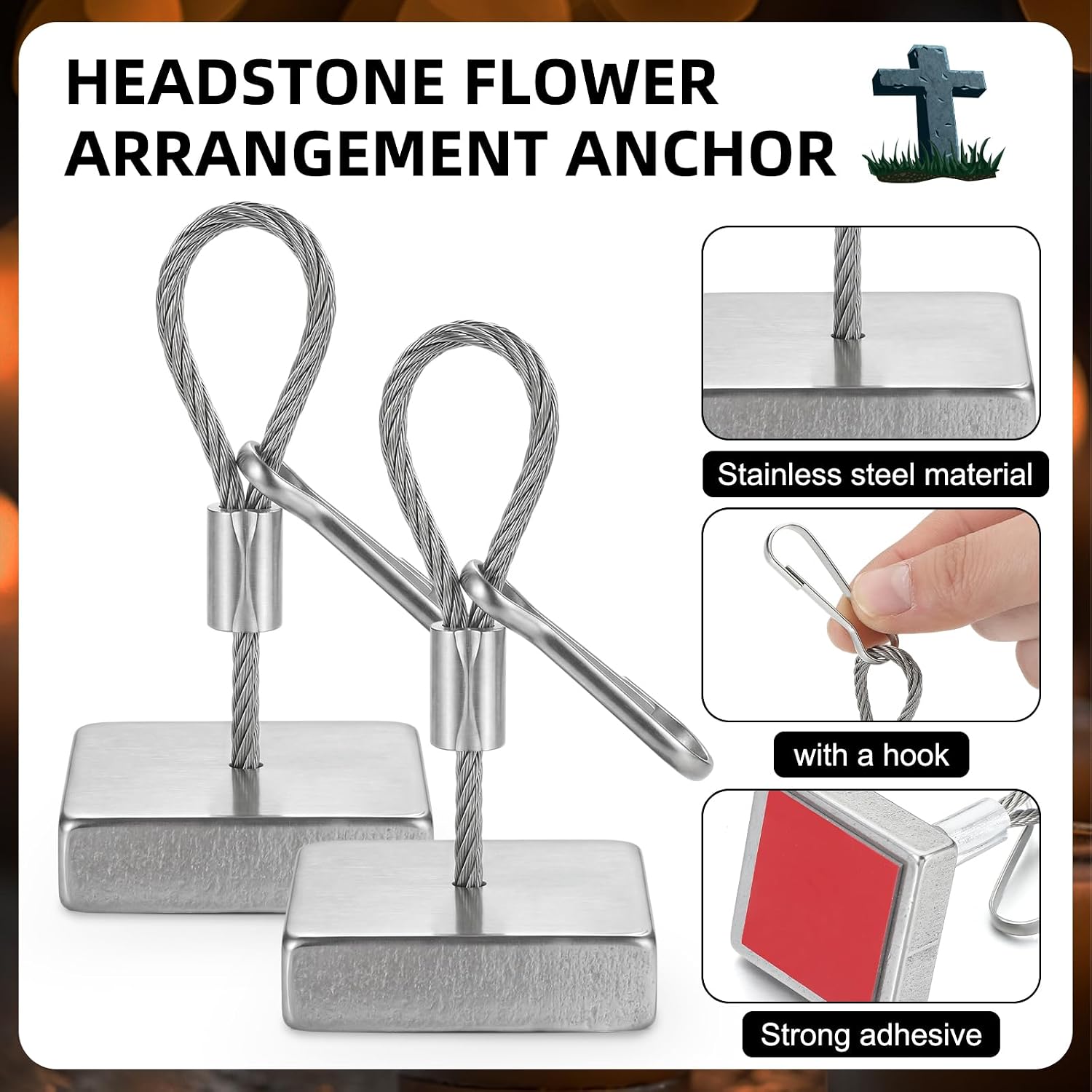 Zonon 2 Pack Stainless Steel Headstone Flower Arrangement Anchor Cemetery Wreath Holder with Rope and Hooks for Outdoor Grave Flower Saddle Wreaths Memorial Day Decoration