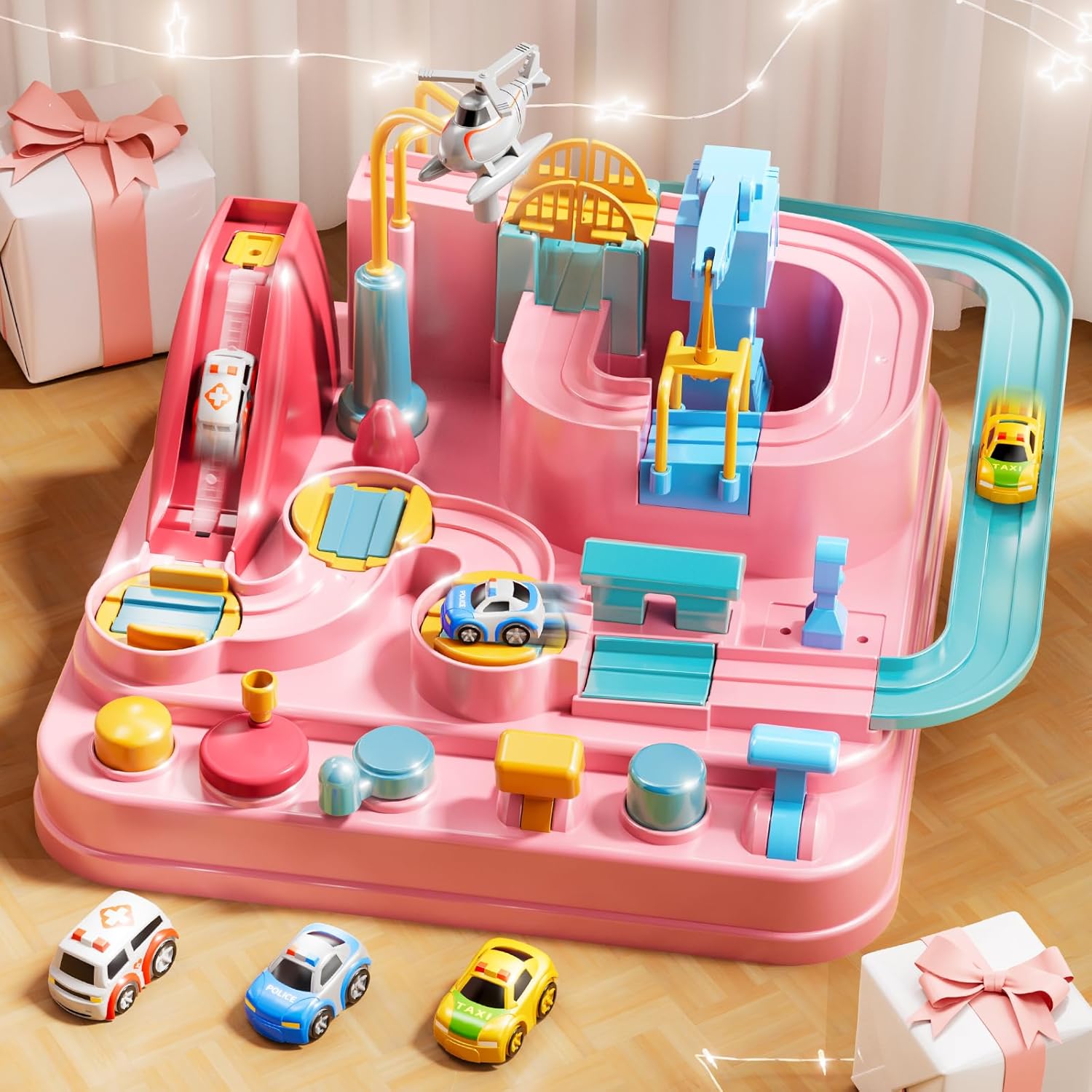 Car Race Track for Kids Ages 4-8, Kids Car Toys for 3 Year Old Boys, Race Track for Toddlers 3-5, City Set with 3 Small Cars and Helicopter, Educational Birthday Gifts (Pink)