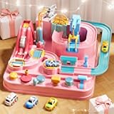Car Race Track for Kids Ages 4-8, Kids Car Toys for 3 Year Old Boys, Race Track for Toddlers 3-5, City Set with 3 Small Cars and Helicopter, Educational Birthday Gifts (Pink)