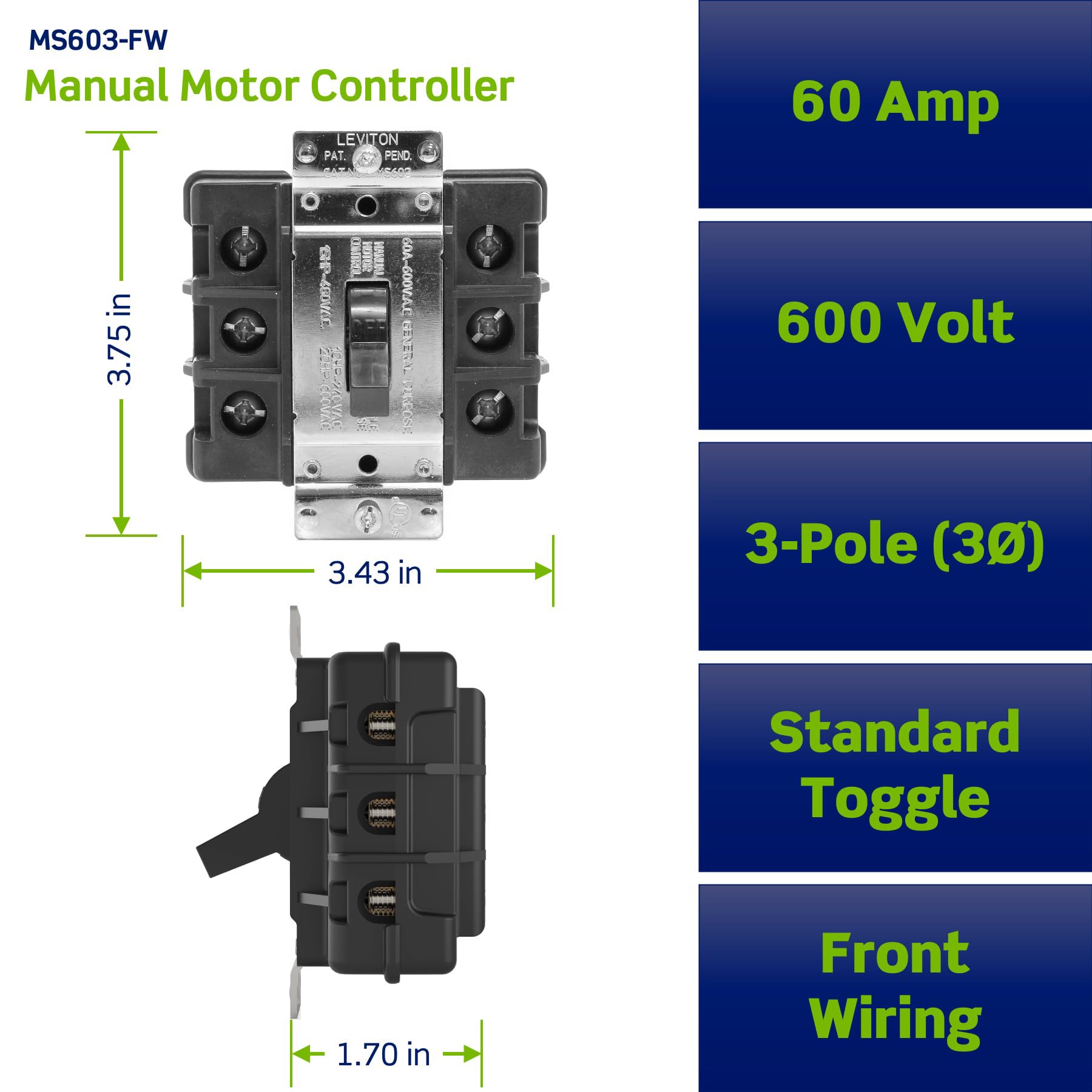 Leviton 60 Amp, 600 Volt, Toggle 3-Pole AC Motor Starter, MS603-FW