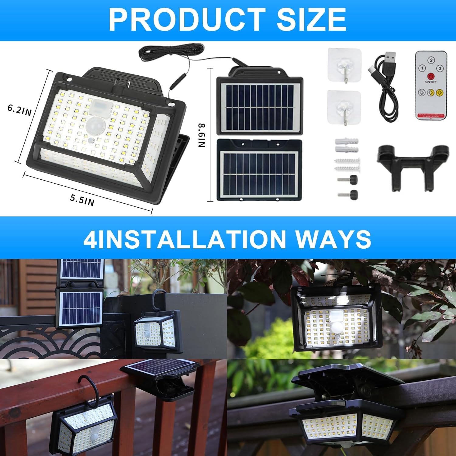 190LED Split Solar Motion Sensor Lights Outdoor Indoor.3 Modes with Remote&16.4Ft Cable Solar Powered Fence Security Light Waterproof, Clip On Flood Lights for RV.Camping.Yard.Patio.Garage.Garden