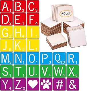30 Pieces 3 Inch Scrabble Style Tile Stencil Letters with 60 Pieces Unfinished Square Wood 3 Inch for Home Decor & DIY Projects, Family Names Painting, Writing, Tile Wall Decor Art, Photo Props